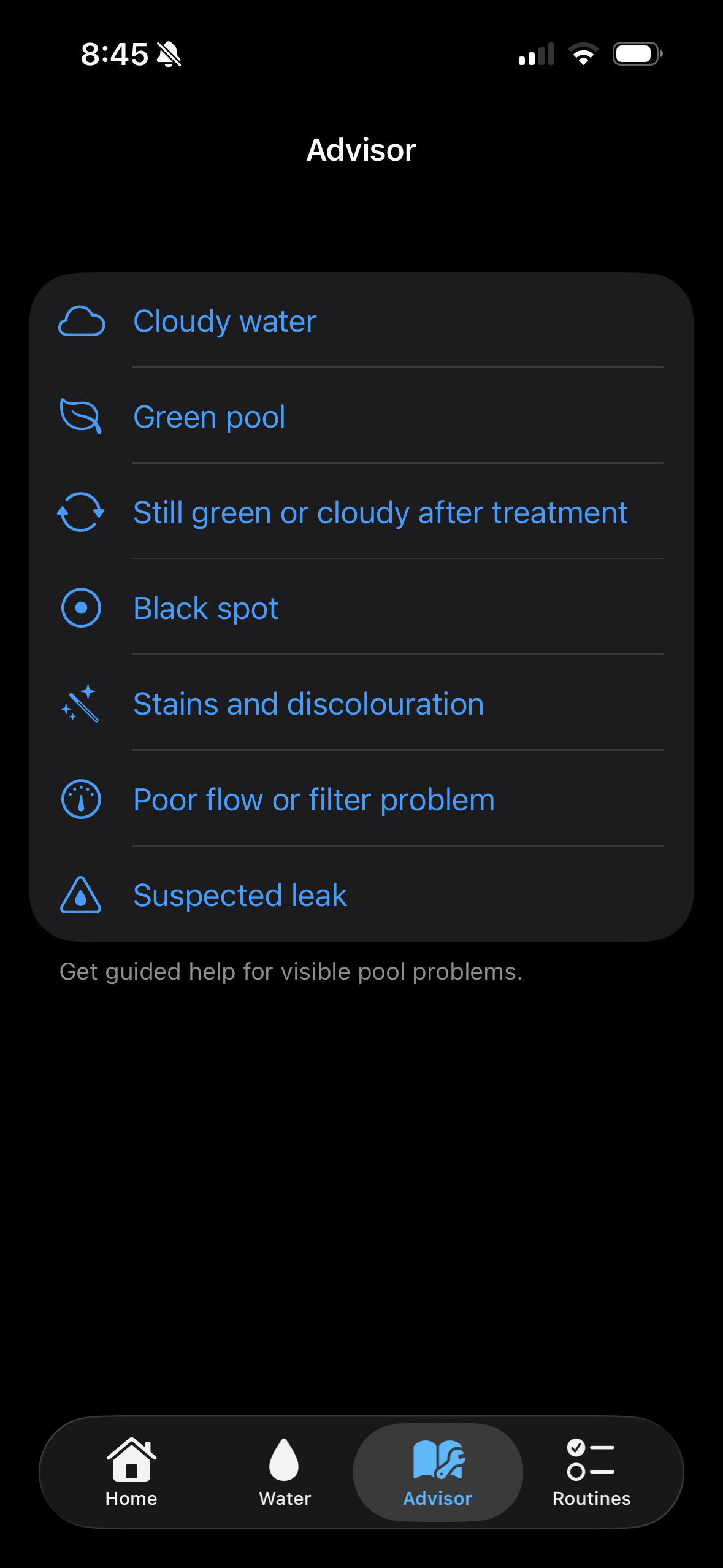 Platypus app advisor screen listing common pool problems