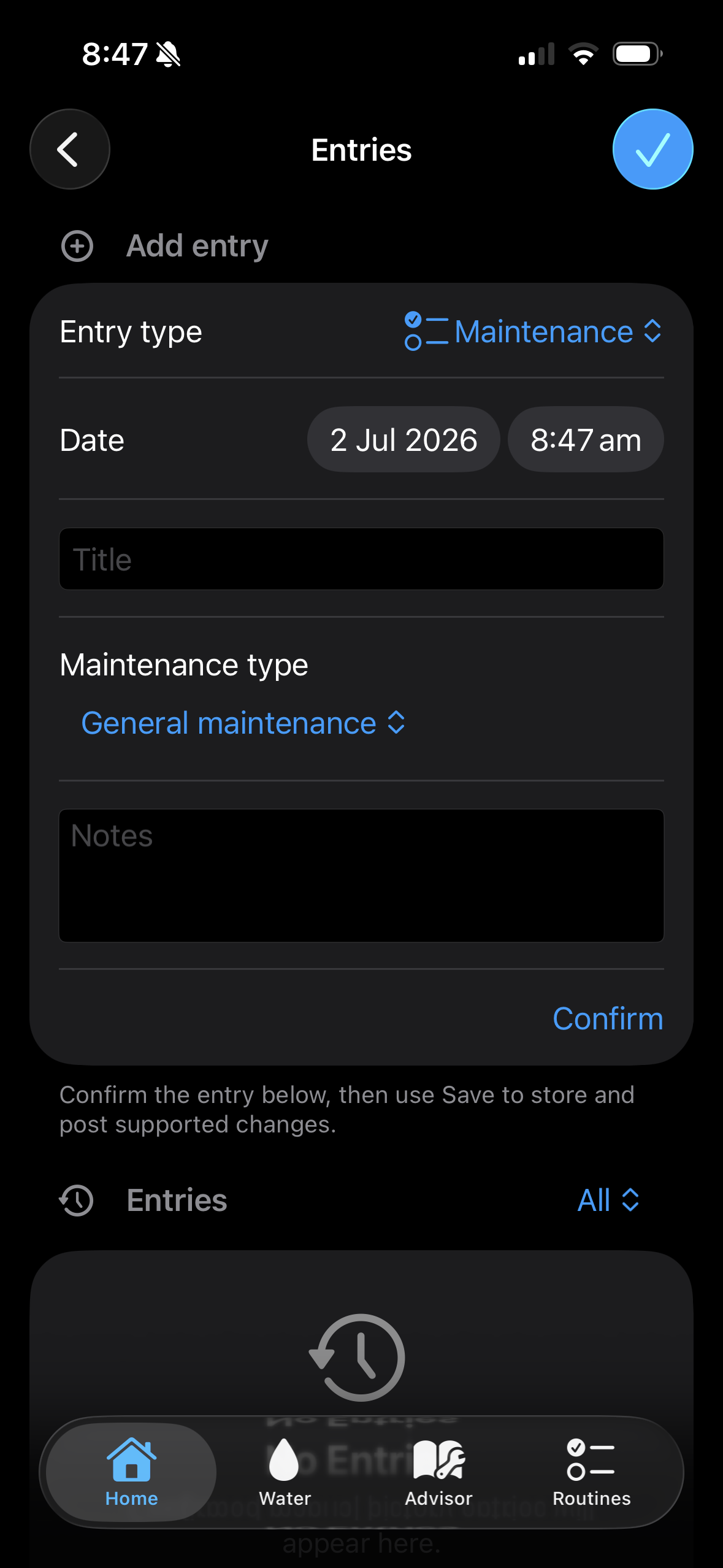 Platypus app entries screen for adding a maintenance event