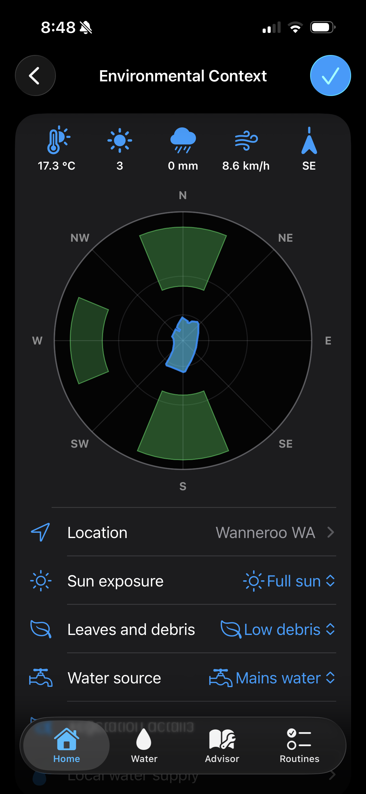 Platypus app environmental context screen with weather and pool exposure details