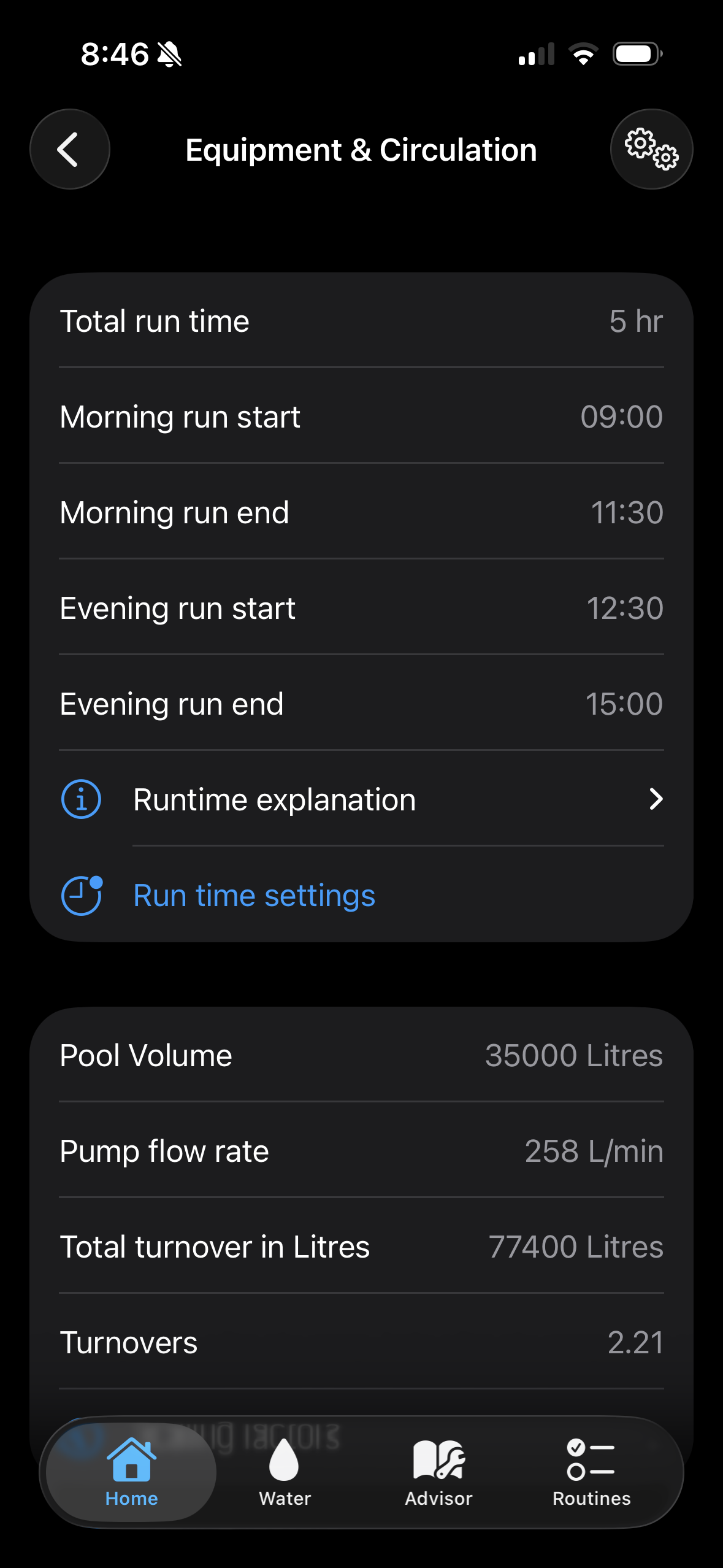 Platypus app equipment and circulation screen with pump runtime and turnover values