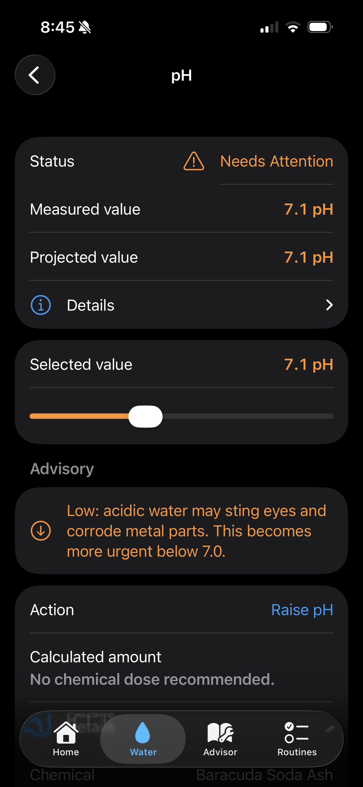 Platypus app pH detail screen with measured value, projected value, advisory and action