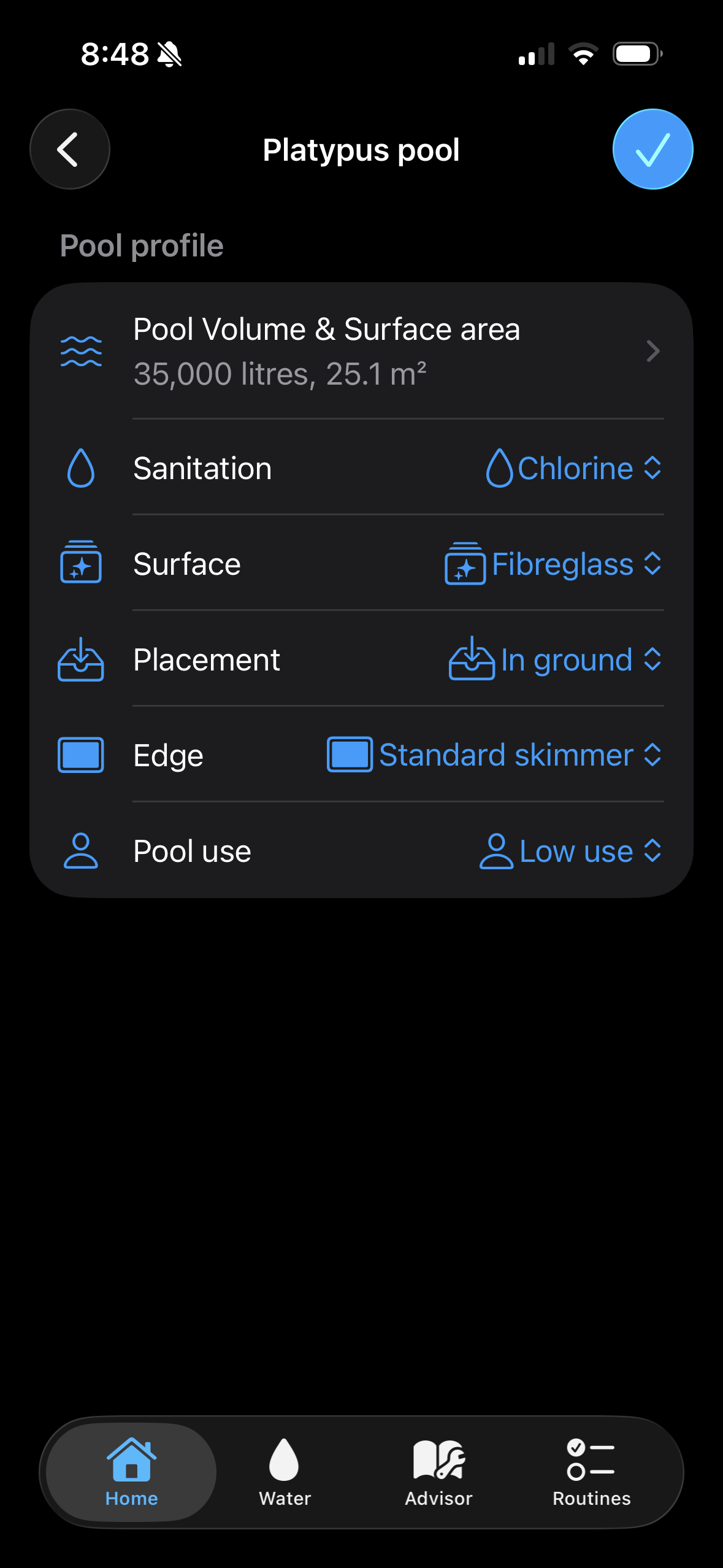 Platypus app pool profile screen with sanitation, surface, placement, edge and usage settings