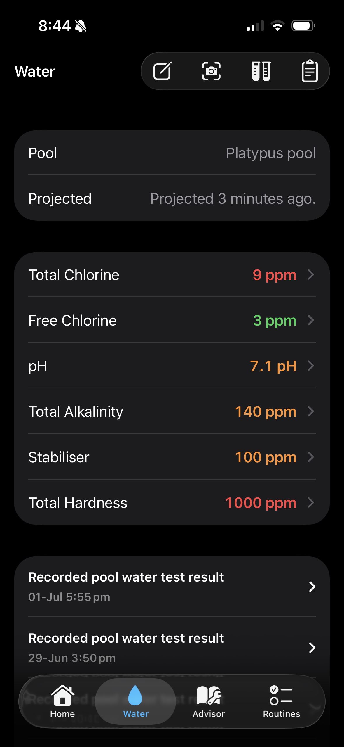 Platypus app water screen with projected chlorine, pH, alkalinity, stabiliser and hardness readings