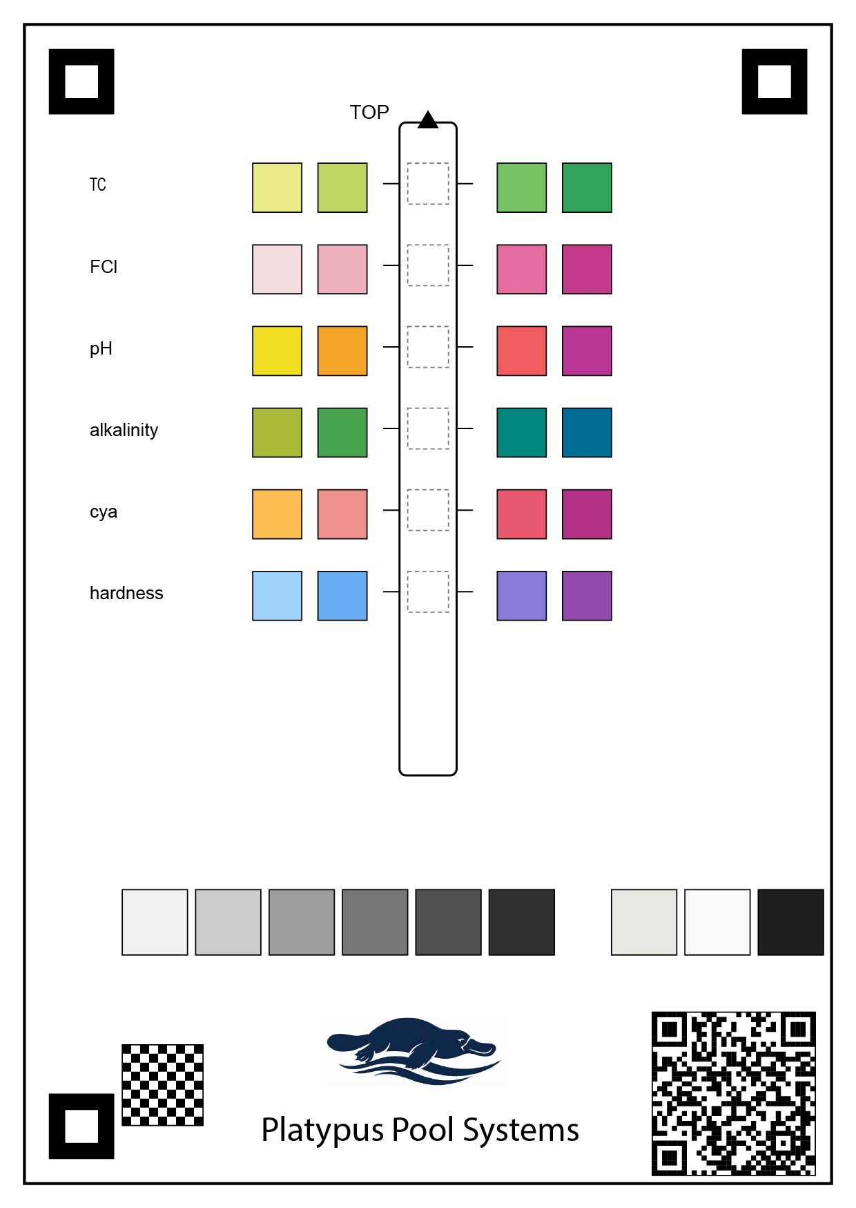 Latest Platypus Pool Systems test strip reference card